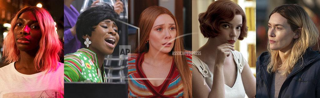 Uncredited This combination of photos shows Emmy nominees for lead actress in a limited or anthology series or movie, from left, Michaela Coel in "I May Destroy You," Cynthia Erivo in "Genius: Aretha," Elizabeth Olsen in "WandaVision," Anya Taylor-Joy in "The Queen's Gambit," and Kate Winslet in "Mare of Easttown." (HBO/National Geographic/Disney+/Netflix/HBO via AP)