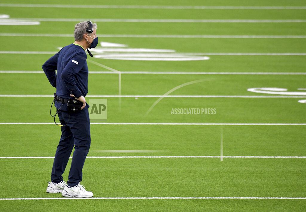 Keith Birmingham Head coach Pete Carroll of the Seattle Seahawks looks on against the Los Angeles Rams in the fourth quarter of a NFL football game at SoFi Stadium in Inglewood on Sunday, November 15, 2020. Los Angeles Rams won 23-16. (Keith Birmingham/The Orange County Register via AP)