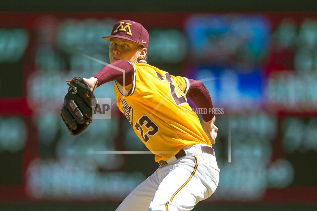 Andy Clayton-King FILE - In this April 20, 2019, file photo, Minnesota pitcher Max Meyer throws against Oklahoma during an NCAA college baseball game, in Minneapolis. Meyer is expected to be an early selection in the Major League Baseball draft. (AP Photo/Andy Clayton-King, File)