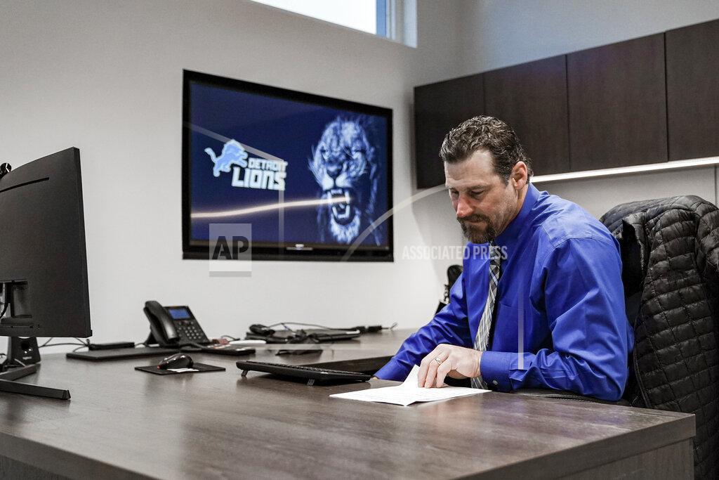Uncredited In this image provided by the Detroit Lions, Detroit Lions head coach Dan Campbell sits in his office on his first day at the NFL football team's practice facility, Thursday, Jan. 21, 2021 in Allen Park, Mich. (Detroit Lions via AP).
