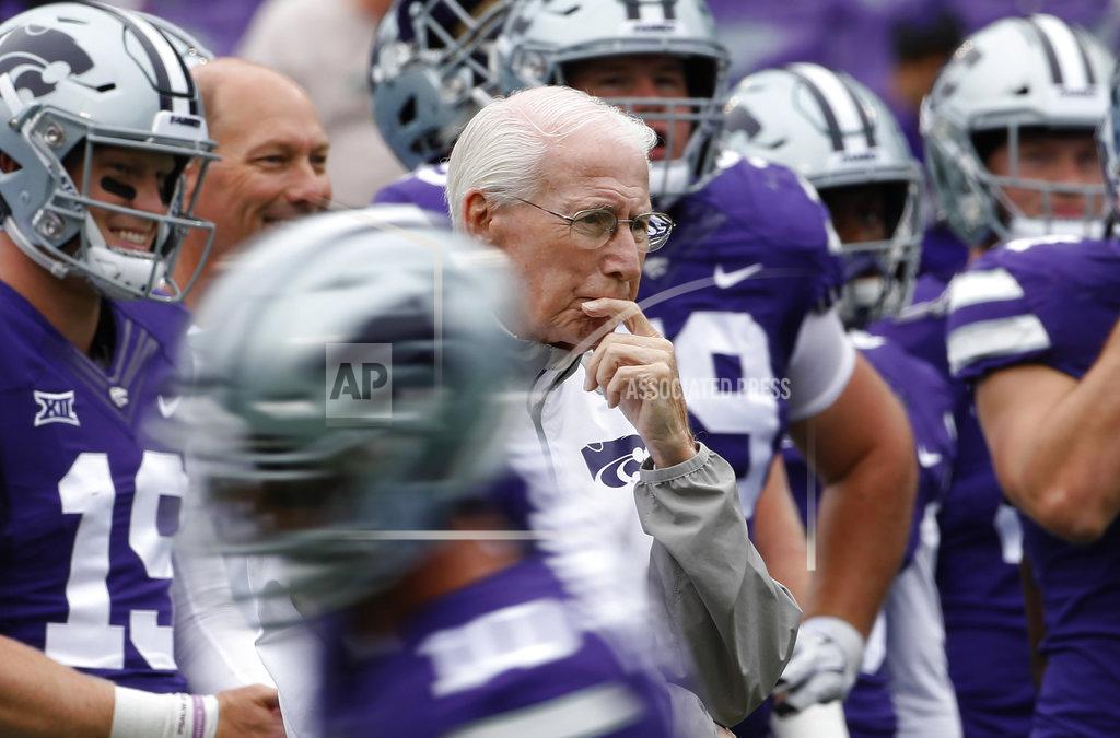 Colin E. Braley FILE - In this Sept. 29, 2018, file photo, Kansas State head coach Bill Snyder watches his team warm up before a college football game against Texas in Manhattan, Kan. Kansas State is coming off a win over Oklahoma State, but the Wildcats go to No. 8 Oklahoma as a more than three-touchdown underdog. (AP Photo/Colin E. Braley, File)