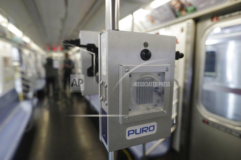 Frank Franklin Ii FILE - In this May 19, 2020, file photo, a UV-C lighting device to be used to disinfect trains and buses during the coronavirus pandemic is shown on a subway car at the MTA Corona Maintenance Facility in the Queens borough of New York. Mass transit systems around the world have taken unprecedented — and expensive — steps to curb the spread of the coronavirus, including shutting down New York subways overnight and testing powerful ultraviolet lamps to disinfect seats, poles and floors. (AP Photo/Frank Franklin II, File)