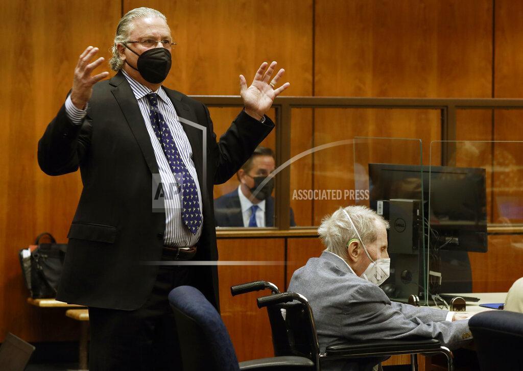 Al Seib Robert Durst listens in his wheelchair as his co-defense attorney David Chesnoff argues a point before closing arguments at the Inglewood Courthouse in Inglewood, Calif. on Wednesday, Sept. 8, 2021, Robert Durst is a champion at running from responsibility, covering his tracks with lies so numerous he couldn't keep them all straight, a prosecutor said Wednesday during closing arguments in the New York real estate heir's murder trial. (Al Seib/Los Angeles Times via AP, Pool)