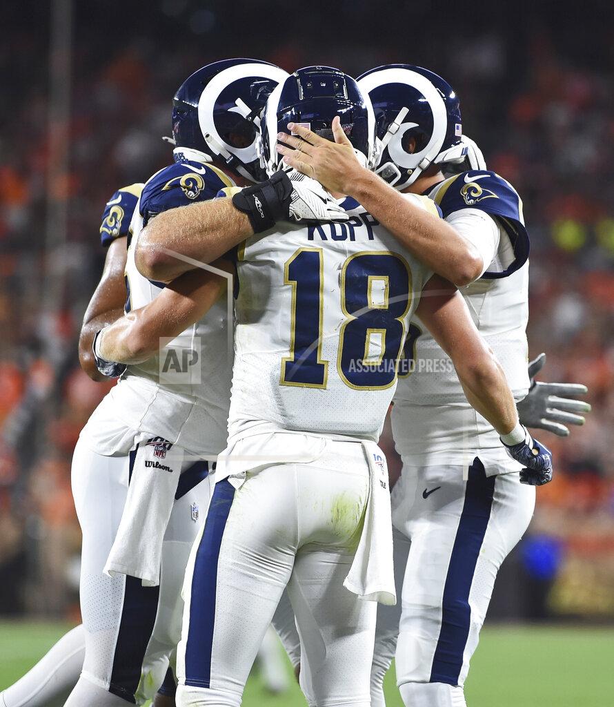 David Dermer Los Angeles Rams wide receiver Cooper Kupp is congratulated by teammates after scoring a touchdown during the second half of an NFL football game against the Cleveland Browns, Sunday, Sept. 22, 2019, in Cleveland. (AP Photo/David Dermer)