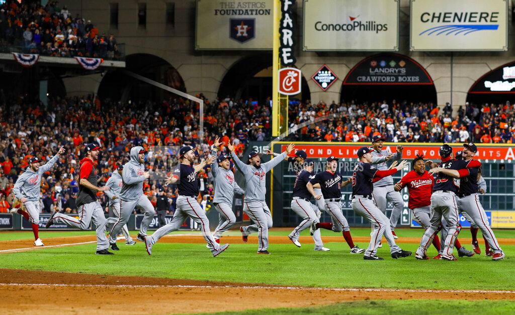 The Washington Nationals celebrate after Game 7 of the baseball World Series against the Houston Astros, Oct. 30, 2019, in Houston. (AP Photo/Matt Slocum)
