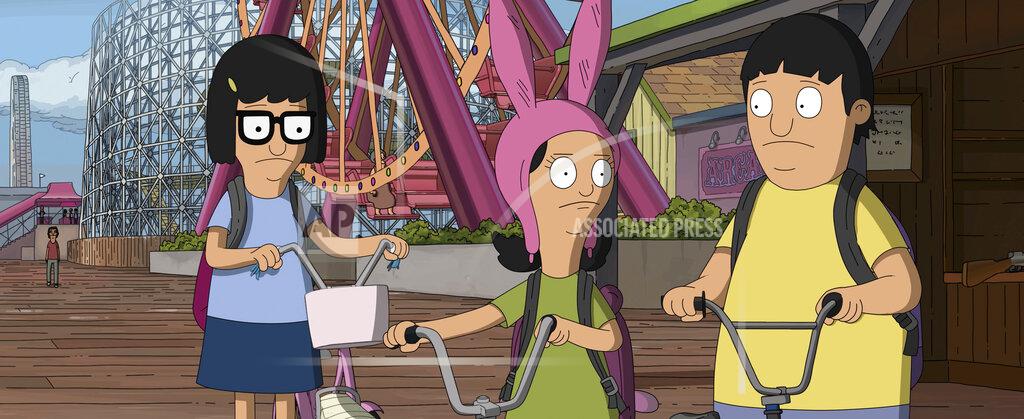 Uncredited This image released by 20th Century Studios shows, from left, Tina Belcher, voiced by Dan Mintz, Louise Belcher, voiced by Kristen Schaal, and Gene Belcher, voiced by Eugene Mirman, in a scene from "The Bob's Burgers Movie." (20th Century Studios via AP)