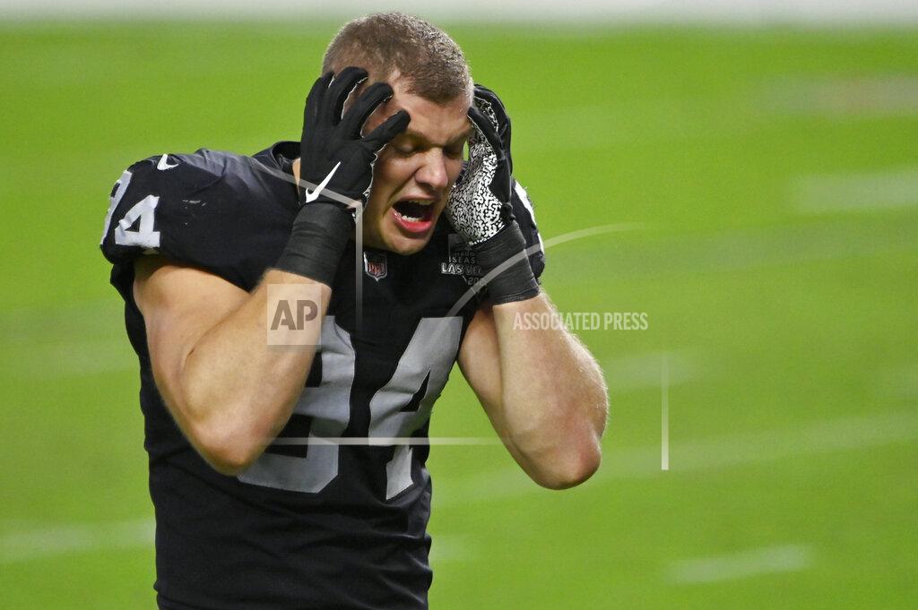 David Becker Las Vegas Raiders defensive end Carl Nassib (94) reacts after the Las Vegas Raiders lost to the Tampa Bay Buccaneers in an NFL football game, Sunday, Oct. 25, 2020, in Las Vegas. (AP Photo/David Becker)