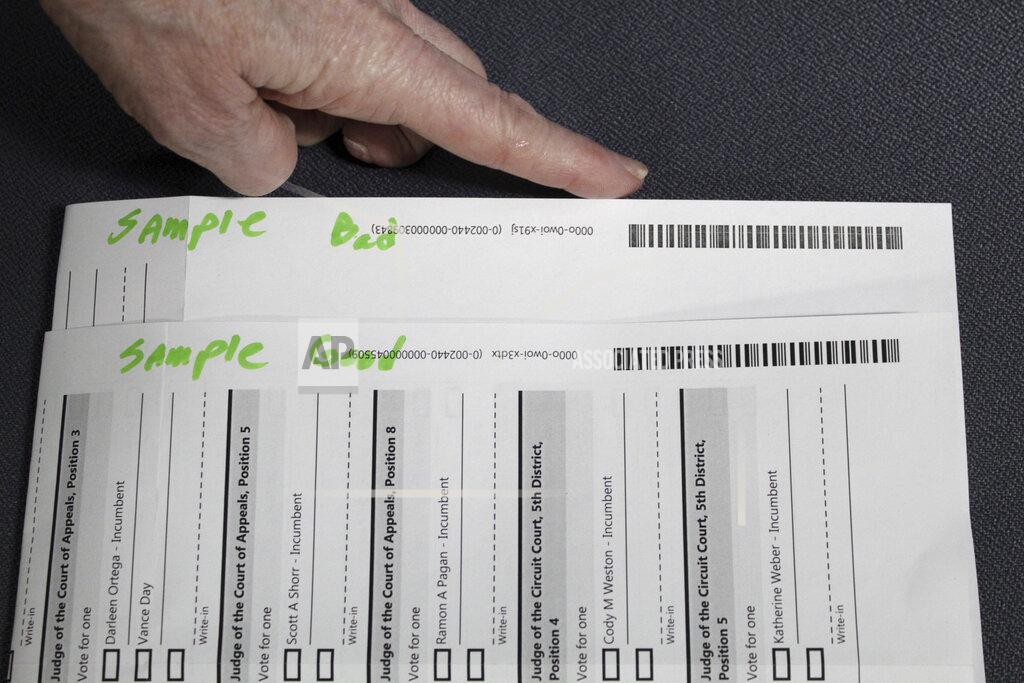 Gillian Flaccus An election worker at the Clackamas County Elections office shows barcodes on ballots that is bad, top, and good on Thursday, May 19, 2022, Oregon City, Ore. Ballots with blurry barcodes that can't be read by vote-counting machines will delay election results by weeks in a key U.S. House race in Oregon's primary. (AP Photo/Gillian Flaccus)
