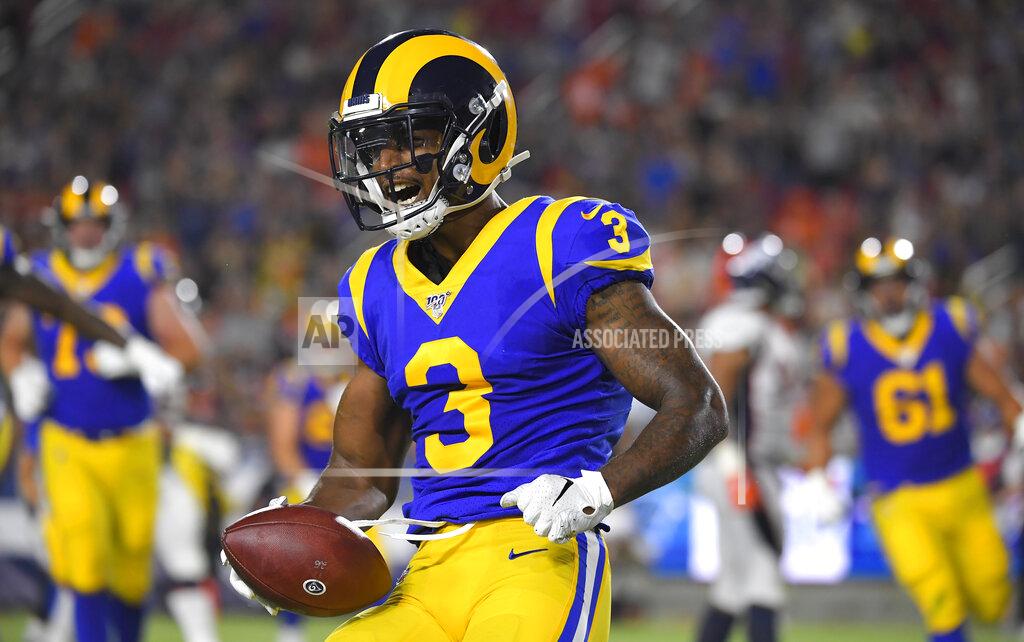 Mark J. Terrill Los Angeles Rams wide receiver Jalen Greene (3) celebrates after a touchdown catch against the Denver Broncos during the second half of an NFL preseason football game Saturday, Aug. 24, 2019, in Los Angeles. (AP Photo/Mark J. Terrill)
