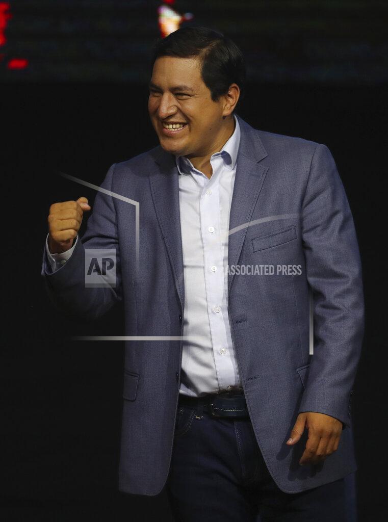 Dolores Ochoa Esperanza-UNES- alliance party presidential candidate Andres Arauz celebrates as he waits for the official results to know if he has reached the necessary percentage to win in the first electoral round, in Quito, Ecuador, Sunday, Feb. 7, 2021. (AP Photo/Dolores Ochoa)
