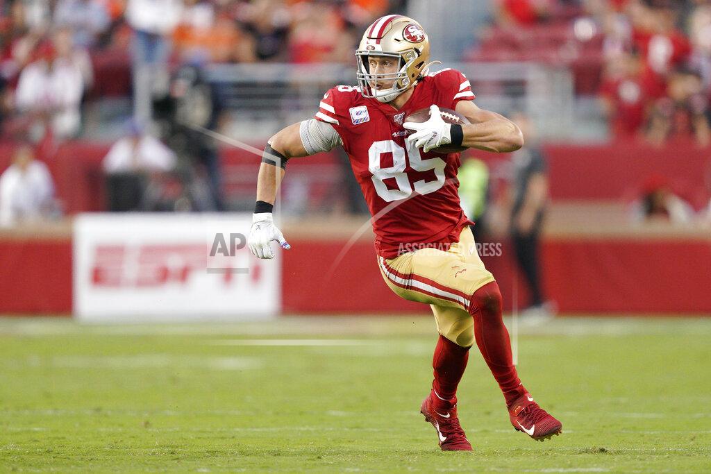 Tony Avelar San Francisco 49ers tight end George Kittle (85) runs against the Cleveland Browns during the first half of an NFL football game in Santa Clara, Calif., Monday, Oct. 7, 2019. (AP Photo/Tony Avelar)