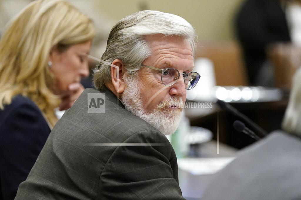 FILE - In this Thursday, Sept. 17, 2020 file photo, Oklahoma state Sen. Roger Thompson, R-Okemah, listens during an Oklahoma Senate Public Safety Committee in Oklahoma City. In 2021, the new state budget is up nearly 18%. “Last year: shaky foundation. This year: solid foundation,” said Republican state Sen. Roger Thompson, chairman of the chamber's budget-writing committee. (AP Photo/Sue Ogrocki, File)