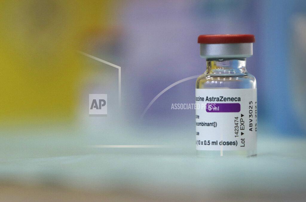 FILE - In this file photo dated Sunday, Feb. 7, 2021, a vial of the Oxford-AstraZeneca vaccine against COVID-19 at a hospital in Sofia, Bulgarian. South Africa on Sunday Feb. 7, 2021, has suspended plans to inoculate its front-line health care workers with the AstraZeneca vaccine after a small clinical trial suggested that it isn't effective in preventing mild to moderate illness from the variant dominant in the country. (AP Photo/Valentina Petrova, FILE)