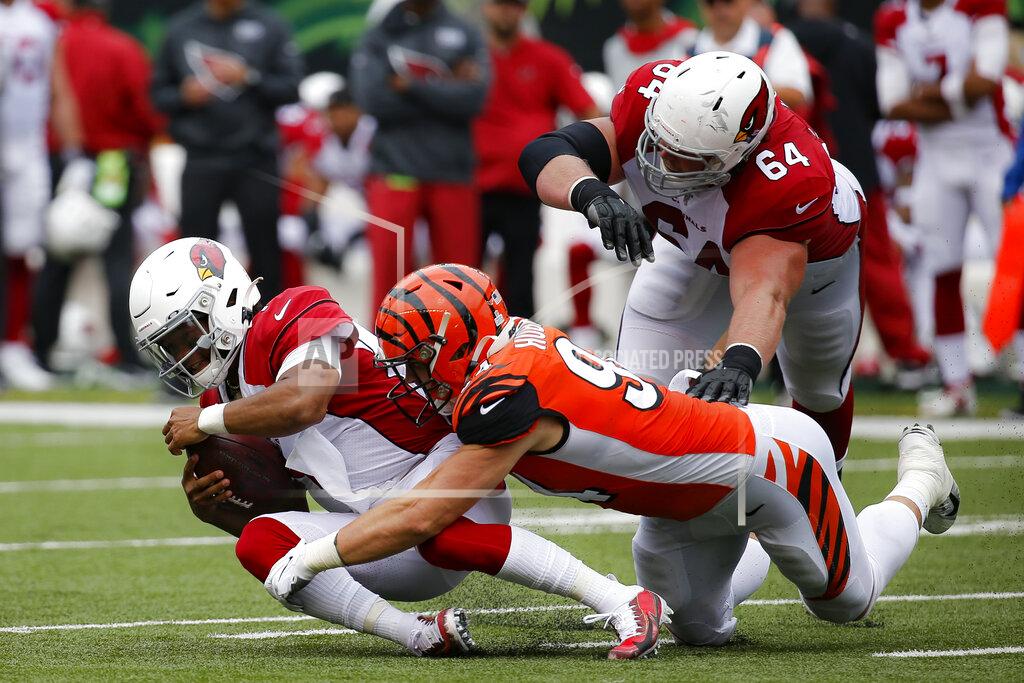 Frank Victores Arizona Cardinals quarterback Kyler Murray (1) is sacked by Cincinnati Bengals defensive end Sam Hubbard (94) in the first half of an NFL football game, Sunday, Oct. 6, 2019, in Cincinnati. (AP Photo/Frank Victores)