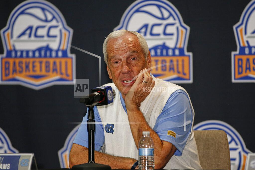 Nell Redmond North Carolina coach Roy Williams answers a question during the Atlantic Coast Conference NCAA college basketball media day in Charlotte, N.C., Tuesday, Oct. 8, 2019. (AP Photo/Nell Redmond)
