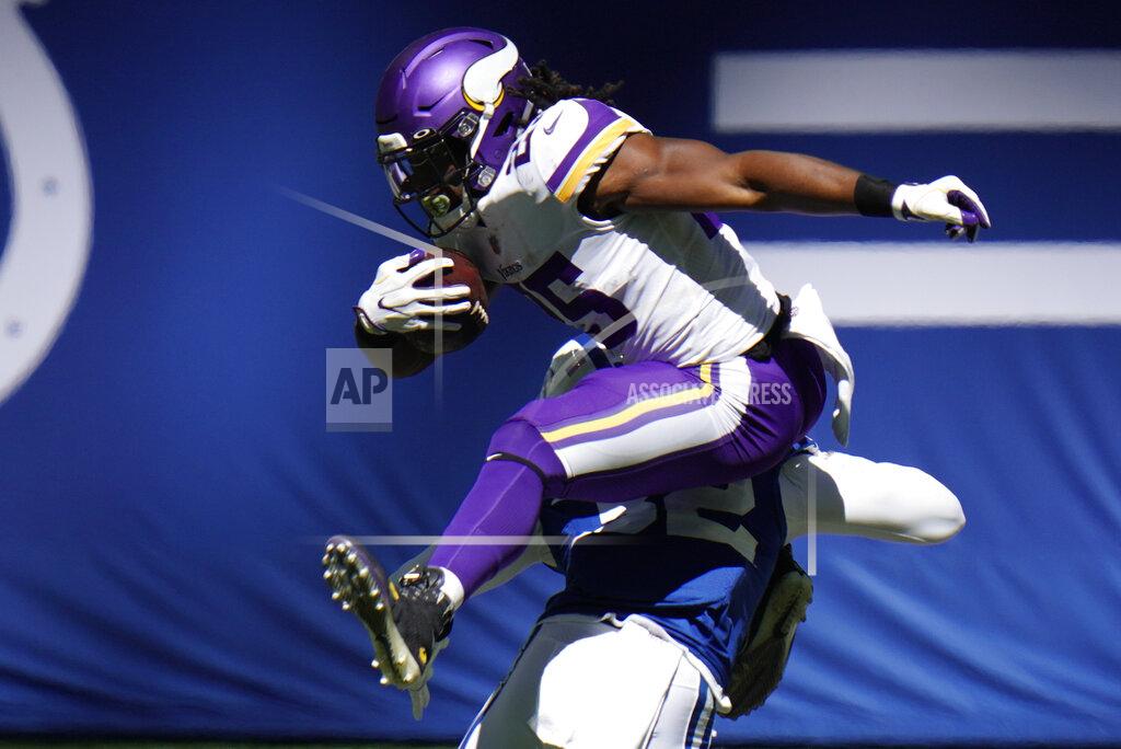 Aj Mast Minnesota Vikings' Alexander Mattison (25) is tackled by Indianapolis Colts' Julian Blackmon (32) during the first half of an NFL football game, Sunday, Sept. 20, 2020, in Indianapolis. (AP Photo/AJ Mast)