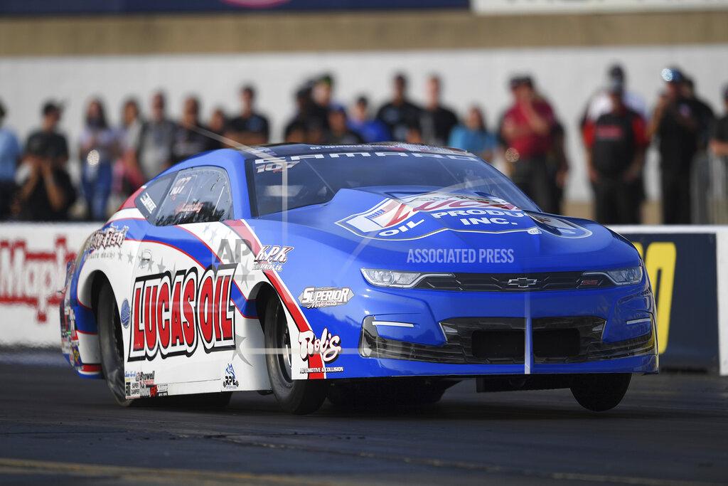 Marc Gewertz In this photo provided by the NHRA, Pennsylvania native and Pro Stock rising star Kyle Korestsky kicks off qualifying at the Mopar Express Lane NHRA Nationals drag races at Maple Grove Raceway in Mohnton, Pa., Friday, Sept. 10, 2021. (Marc Gewertz/NHRA via AP)