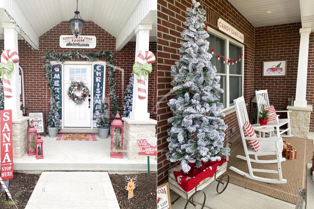 This combination photo shows views of the Christmas-decorated exterior of Danielle Martin's home in Manteno, Ill. Martin is a big Christmas person but usually waits to decorate until the day after Thanksgiving. This year she got busy on Nov. 1 with a candy cane themed front porch. (Danielle Martin via AP)