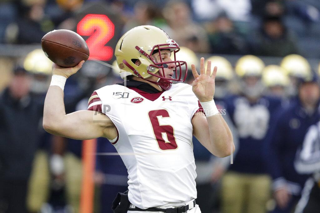 Michael Conroy Boston College quarterback Dennis Grosel (6) throws against Notre Dame during the first half of an NCAA college football game in South Bend, Ind., Saturday, Nov. 23, 2019. (AP Photo/Michael Conroy)