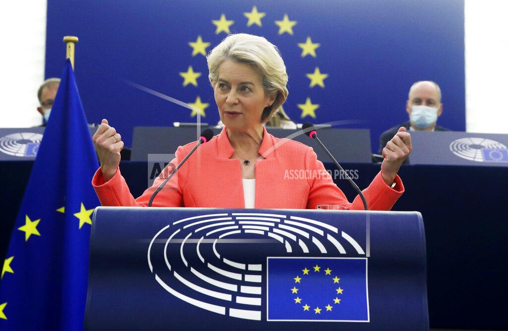 Yves Herman European Commission President Ursula von der Leyen delivers a State of the Union Address at the European Parliament in Strasbourg, France, Wednesday, Sept. 15, 2021. The European Union announced Wednesday it is committing 200 million more coronavirus vaccine doses to Africa to help curb the COVID-19 pandemic on a global scale. (Yves Herman, Pool via AP)