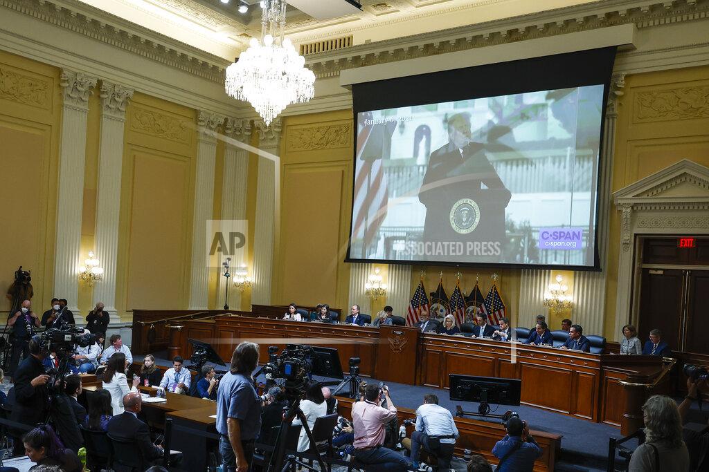 Anna Moneymaker A image of former President Donald Trump is displayed as Cassidy Hutchinson, former aide to Trump White House chief of staff Mark Meadows, testifies as the House select committee investigating the Jan. 6 attack on the U.S. Capitol holds a hearing at the Capitol in Washington, Tuesday, June 28, 2022. (Photo by Anna Moneymaker/Getty Images)