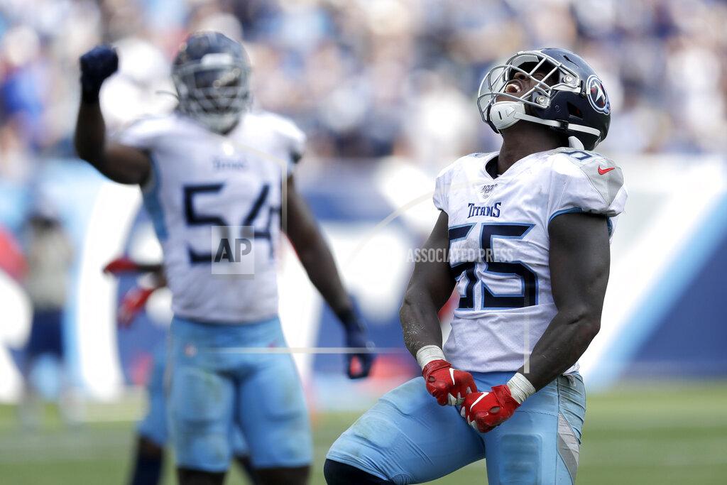 James Kenney Tennessee Titans inside linebacker Jayon Brown (55) celebrates after breaking up a play by the Indianapolis Colts in the second half of an NFL football game Sunday, Sept. 15, 2019, in Nashville, Tenn. (AP Photo/James Kenney)