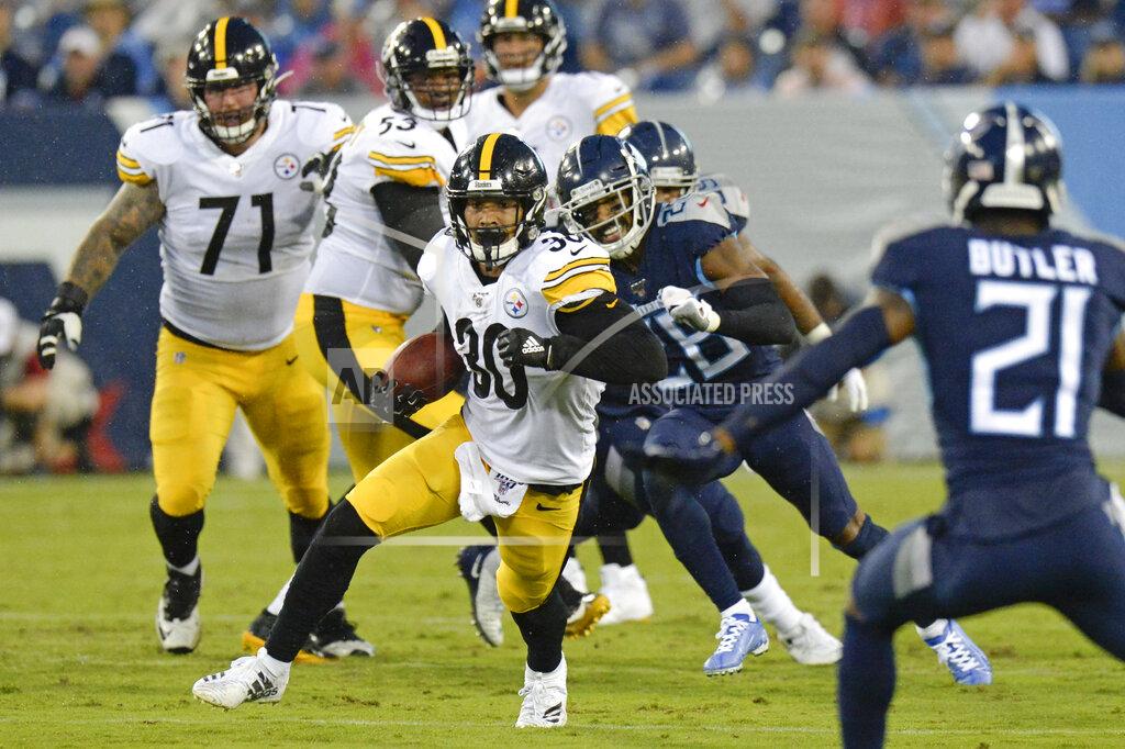 Mark Zaleski Pittsburgh Steelers running back James Conner (30) runs the ball against the Tennessee Titans in the first half of a preseason NFL football game Sunday, Aug. 25, 2019, in Nashville, Tenn. (AP Photo/Mark Zaleski)