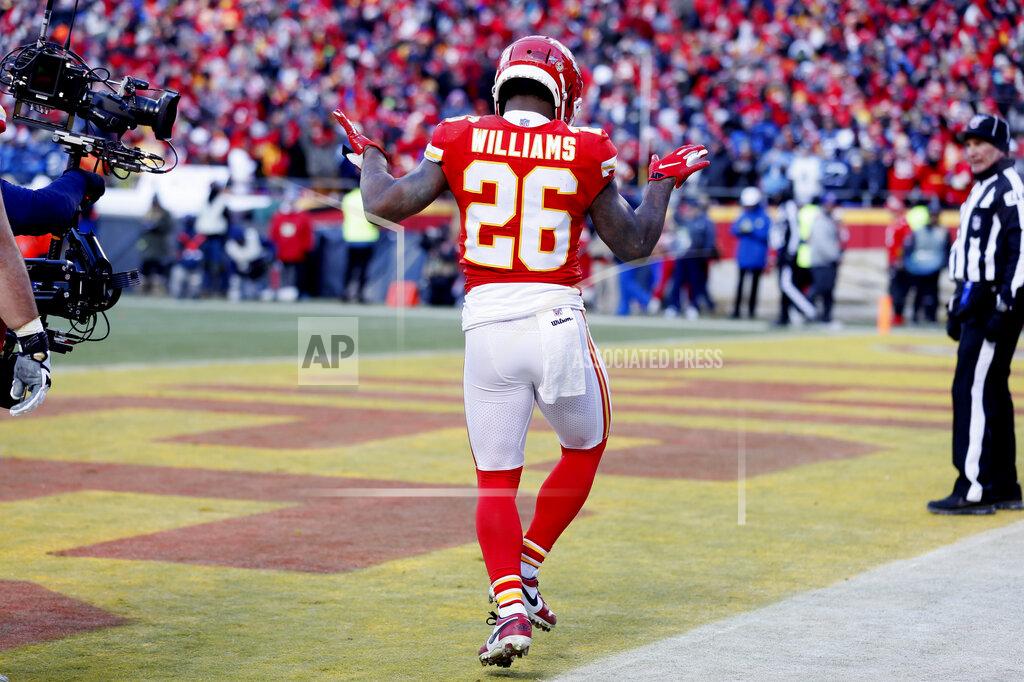 Charlie Neibergall Kansas City Chiefs' Damien Williams celebrates his touchdown run during the second half of the NFL AFC Championship football game against the Tennessee Titans Sunday, Jan. 19, 2020, in Kansas City, MO. (AP Photo/Charlie Neibergall)