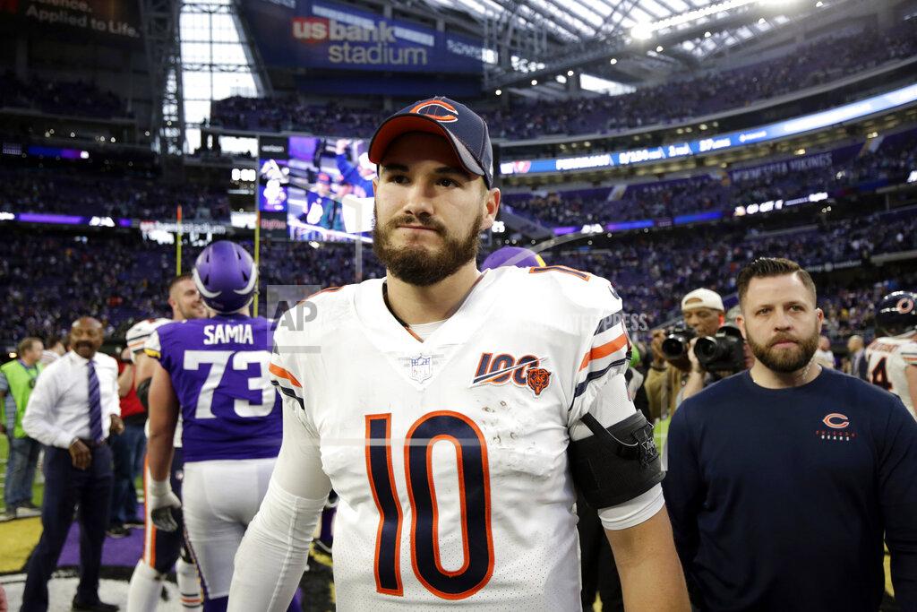 FILE - In this Dec. 29, 2019, file photo, Chicago Bears quarterback Mitchell Trubisky walks off the field after an NFL football game against the Minnesota Vikings in Minneapolis. Th Bears have declined their fifth-year option for Trubisky for the 2021 season, a person familiar with the situation said Saturday, May 2, 2020. The move is hardly a surprise considering the way Trubisky struggled in his third season since the Bears drafted him with the No. 2 overall pick. (AP Photo/Andy Clayton-King, File)