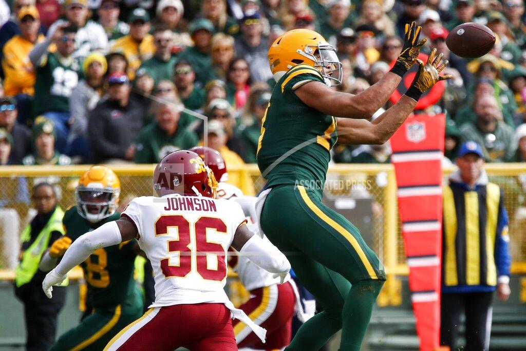 Matt Ludtke Green Bay Packers' Allen Lazard catches a touchdown pass during the first half of an NFL football game against the Washington Football Team Sunday, Oct. 24, 2021, in Green Bay, Wis. (AP Photo/Matt Ludtke)