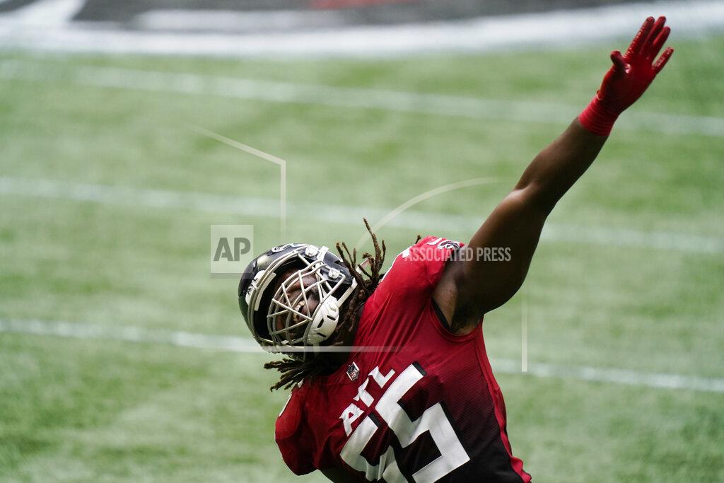 Brynn Anderson Atlanta Falcons defensive end Steven Means (55) celebrates a missed Detroit Lions field goal during the second half of an NFL football game, Sunday, Oct. 25, 2020, in Atlanta. (AP Photo/Brynn Anderson)