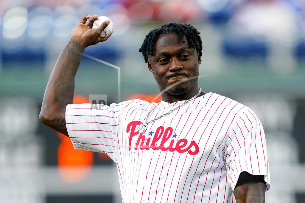 Matt Rourke Philadelphia Eagles draft pick A.J. Brown throws a pitch before a baseball game between the Philadelphia Phillies and the Texas Rangers, Tuesday, May 3, 2022, in Philadelphia. (AP Photo/Matt Rourke)