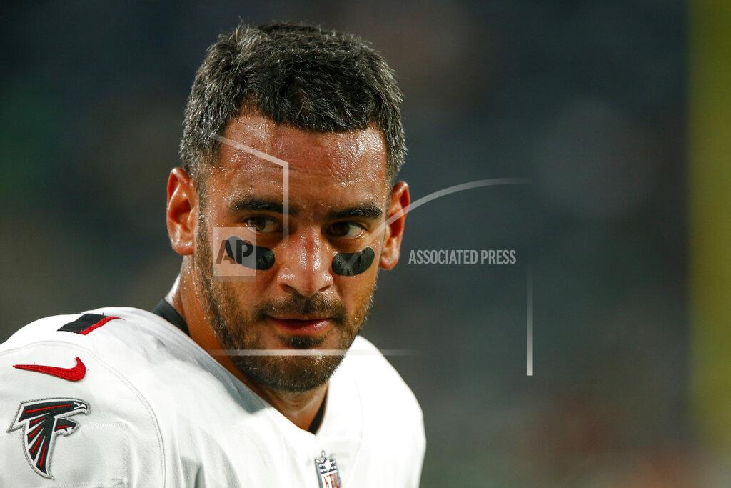 John Munson Atlanta Falcons quarterback Marcus Mariota (1) practices before a preseason NFL football game against the New York Jets, Monday, Aug. 22, 2022, in East Rutherford, N.J. (AP Photo/John Munson)
