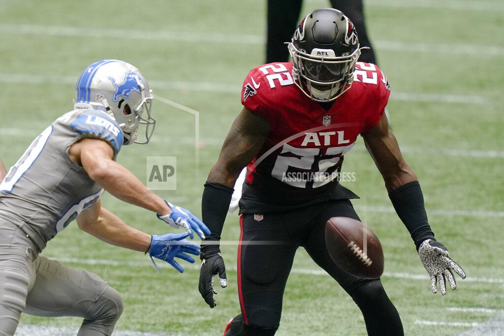 Brynn Anderson Atlanta Falcons strong safety Keanu Neal (22) misses the catch against the Detroit Lions during the first half of an NFL football game, Sunday, Oct. 25, 2020, in Atlanta. (AP Photo/Brynn Anderson)