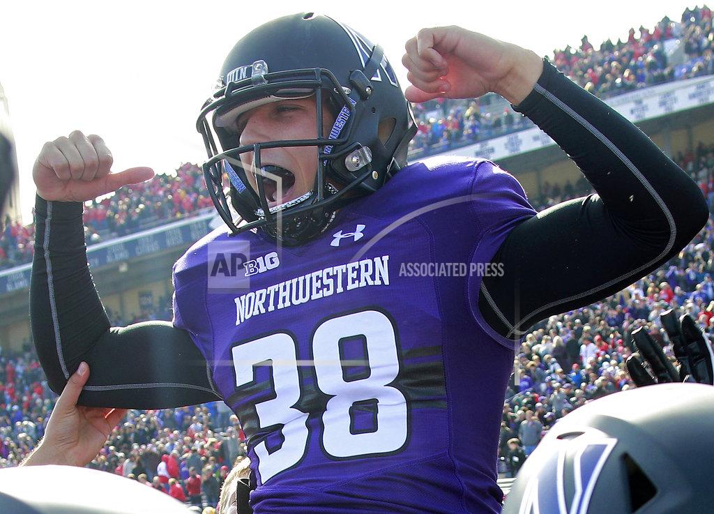 Jim Young Northwestern's Drew Luckenbaugh (38) celebrates his game-winning field goal in overtime against Nebraska in an NCAA college football game Saturday, Oct. 13, 2018, in Evanston, Ill.. (AP Photo/Jim Young)