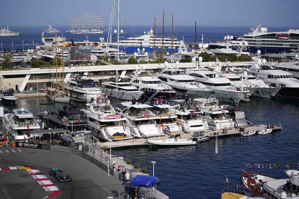 Daniel Cole Mercedes driver George Russell of Britain steers his car during the second free practice at the Monaco racetrack, in Monaco, Friday, May 27, 2022. The Formula one race will be held on Sunday. (AP Photo/Daniel Cole)