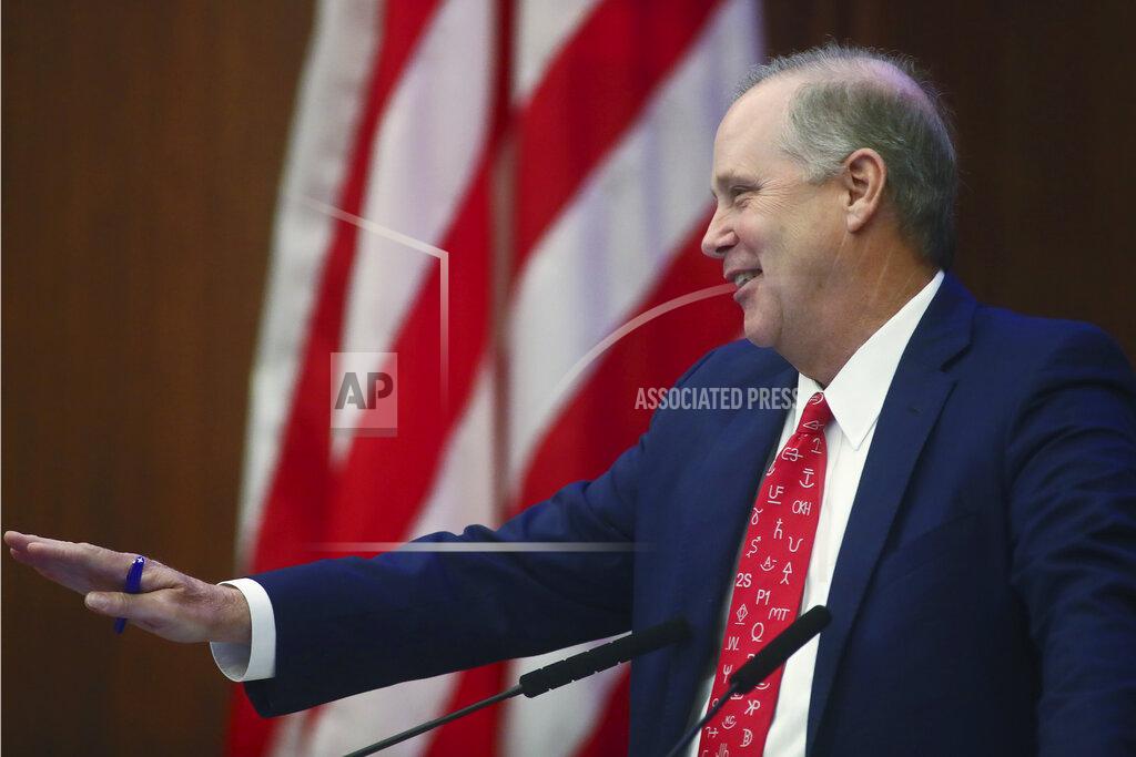 Phil Sears Senate President Wilton Simpson, R-Trilby recognizes outgoing Sen. Gary Farmer, D-Lighthouse Point (not pictured) prior to debate on Senate Bill CS/SB 2-D: Property Insurance in the Florida Senate Tuesday, May 24, 2022 at the Capitol in Tallahassee, Fla. (AP Photo/Phil Sears)