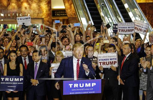 FILE - This Thursday, Sept. 3, 2015, file photo shows then Republican presidential candidate Donald Trump holding a news conference in Trump Tower in New York. Former President Trump is slated to return to New York City to provide a videotaped deposition in a lawsuit about his security team's crackdown on a protest outside Trump Tower over negative comments about Mexico and Mexican immigrants, during the early days of his presidential campaign in 2015. (AP Photo/Mark Lennihan, File)