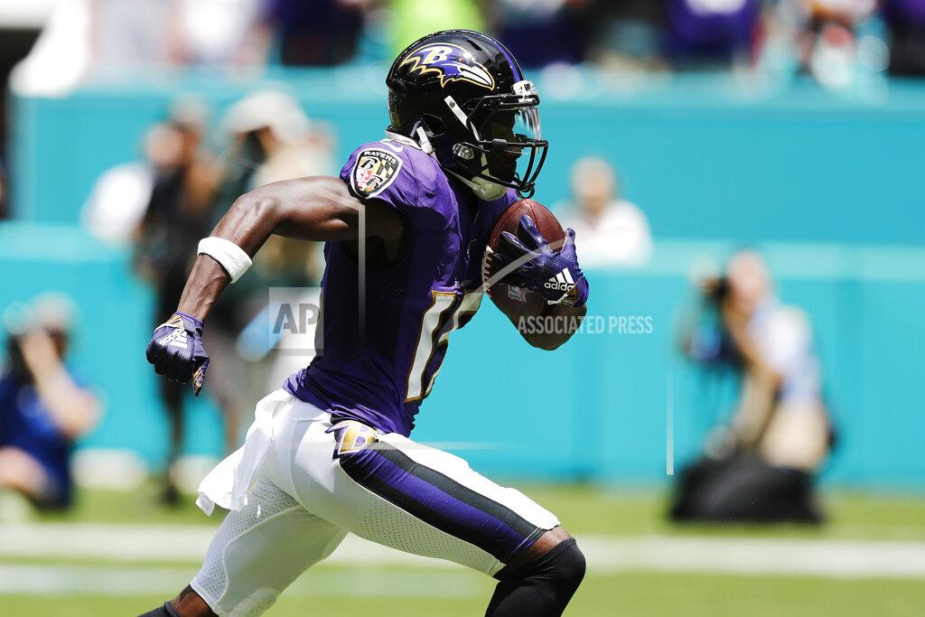 Brynn Anderson Baltimore Ravens wide receiver Marquise Brown (15) runs for a touchdown, during the first half at an NFL football game against the Miami Dolphins, Sunday, Sept. 8, 2019, in Miami Gardens, Fla. (AP Photo/Brynn Anderson)