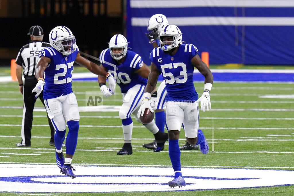 Aj Mast Indianapolis Colts' Darius Leonard (53) celebrates after recovering a fumble during the first half of an NFL football game against the Green Bay Packers, Sunday, Nov. 22, 2020, in Indianapolis. (AP Photo/AJ Mast)