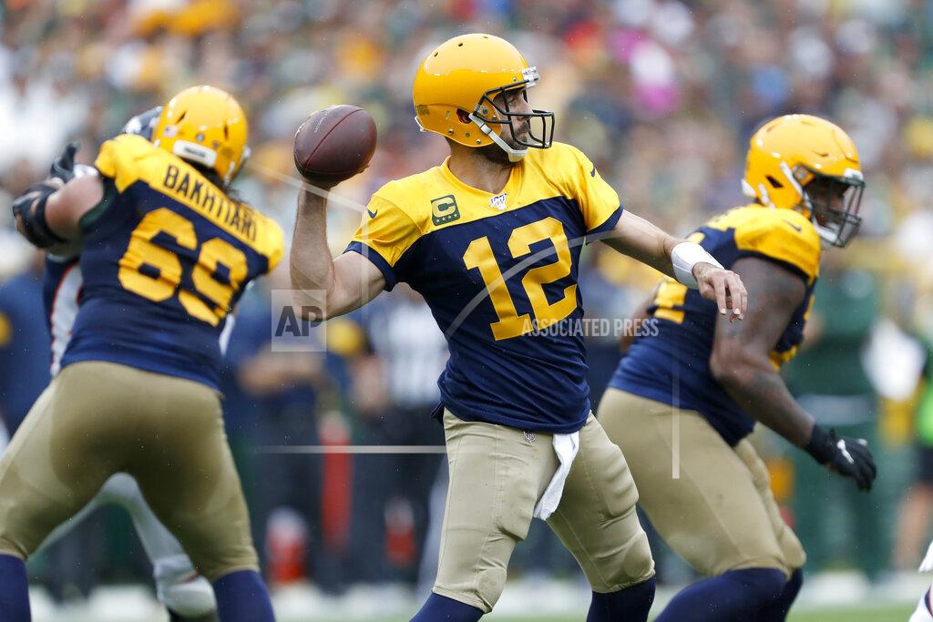 Matt Ludtke Green Bay Packers quarterback Aaron Rodgers throws during the first half of an NFL football game against the Denver Broncos Sunday, Sept. 22, 2019, in Green Bay, Wis. (AP Photo/Matt Ludtke)