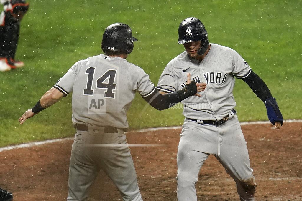 Julio Cortez New York Yankees' Tyler Wade (14) and Gleyber Torres celebrate after they both scored on a two-run double by Brett Gardner during the ninth inning of a baseball game against the Baltimore Orioles, Wednesday, Sept. 15, 2021, in Baltimore. (AP Photo/Julio Cortez)