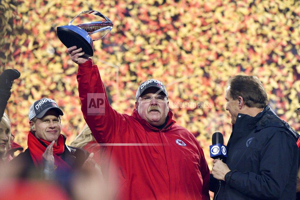 Ed Zurga Kansas City Chiefs head coach Andy Reid holds the Lamar Hunt Trophy after the NFL AFC Championship football game against the Tennessee Titans Sunday, Jan. 19, 2020, in Kansas City, MO. The Chiefs won 35-24 to advance to Super Bowl 54. (AP Photo/Ed Zurga)