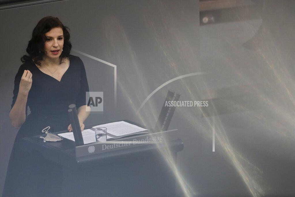 Markus Schreiber Ukrainian born Jew Marina Weisband delivers a speech at the German Federal Parliament, Bundestag, at the Reichstag building in Berlin, Germany, Wednesday, Jan. 27, 2021 during a special meeting commemorating the victims of the Holocaust on the International Holocaust Remembrance Day. (AP Photo/Markus Schreiber)