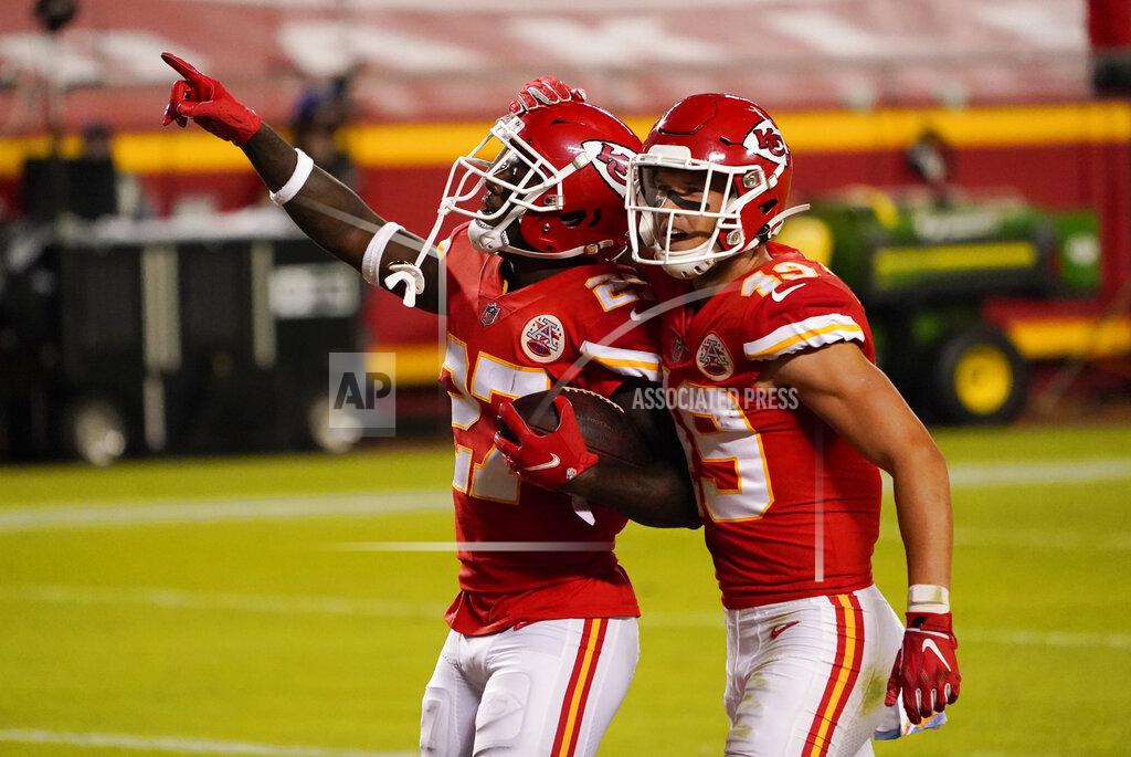 Jeff Roberson Kansas City Chiefs cornerback Rashad Fenton (27) celebrates with teammate Daniel Sorensen (49) after intercepting a pass during the second half of an NFL football game against the New England Patriots, Monday, Oct. 5, 2020, in Kansas City. (AP Photo/Jeff Roberson)