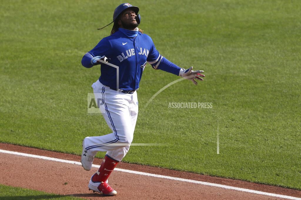 Jeffrey T. Barnes Toronto Blue Jays Vladimir Guerrero Jr. celebrates his home run against Baltimore Orioles pitcher Keegan Akin during the third inning of a baseball game, Sunday, Sept. 27, 2020, in Buffalo, N.Y. (AP Photo/Jeffrey T. Barnes)