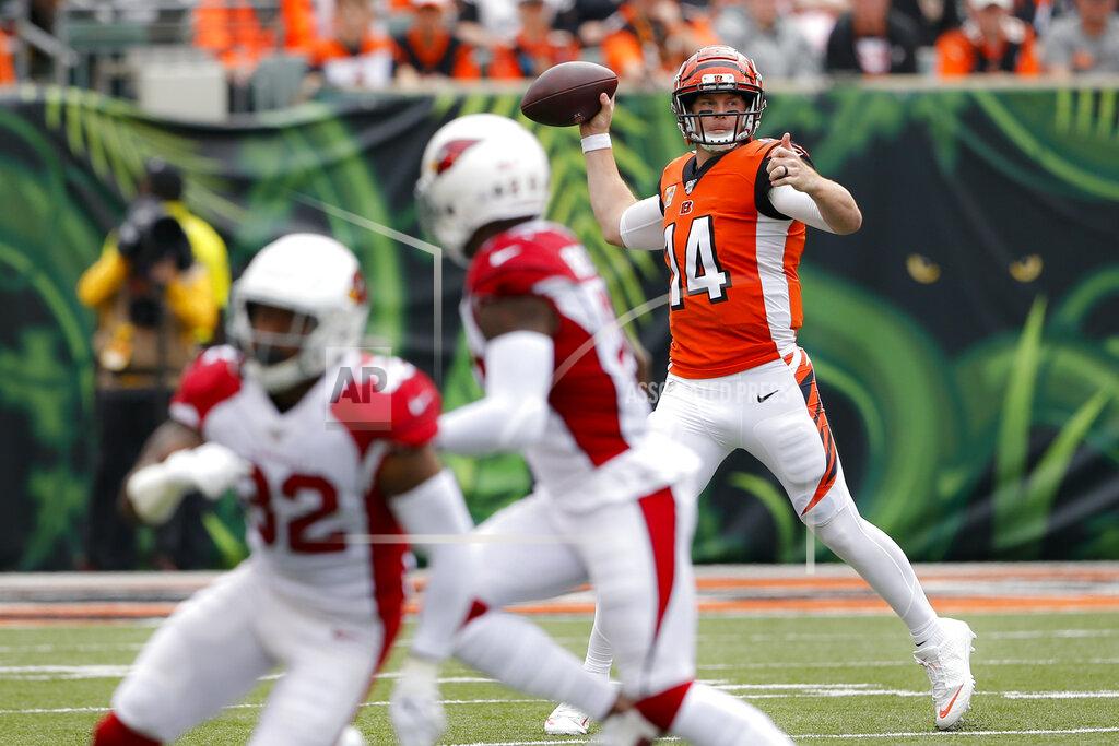 Gary Landers Cincinnati Bengals quarterback Andy Dalton (14) passes in the first half of an NFL football game against the Arizona Cardinals, Sunday, Oct. 6, 2019, in Cincinnati. (AP Photo/Gary Landers)