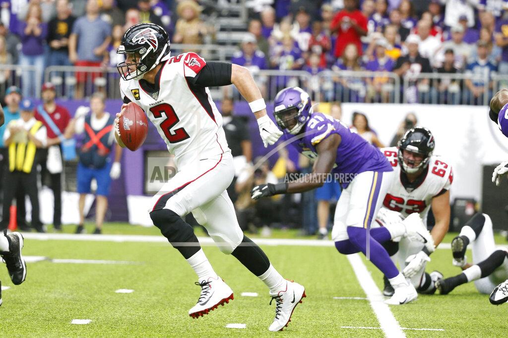 Bruce Kluckhohn Atlanta Falcons quarterback Matt Ryan (2) scrambles up field during the first half of an NFL football game against the Minnesota Vikings, Sunday, Sept. 8, 2019, in Minneapolis. (AP Photo/Bruce Kluckhohn)