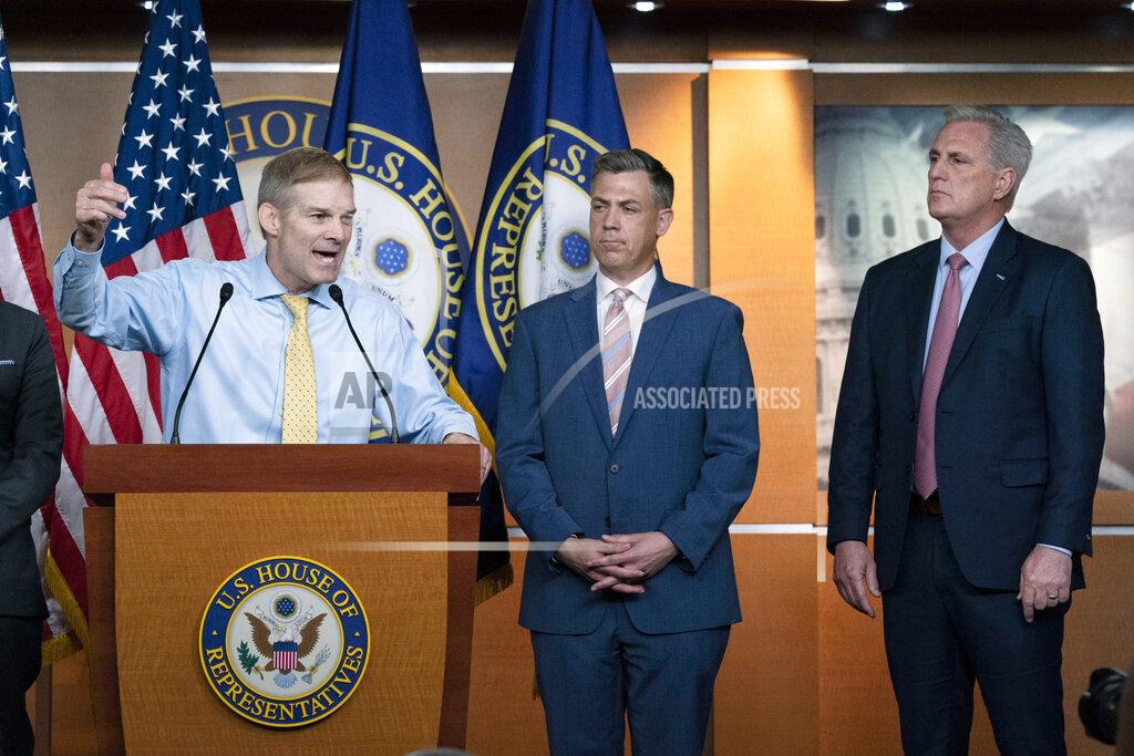 Jose Luis Magana Rep. Jim Jordan, R-Ohio, speaks during a news conference as Rep. Jim Banks, R-Ind., and House Minority Leader Kevin McCarthy, R-Calif., looks on at Capitol Hill, in Washington, Wednesday, July 21, 2021. Pelosi is rejecting two Republicans tapped by House GOP Leader Kevin McCarthy to sit on a committee investigating the Jan. 6 Capitol insurrection. She cited the "integrity" of the investigation. (AP Photo/Jose Luis Magana)