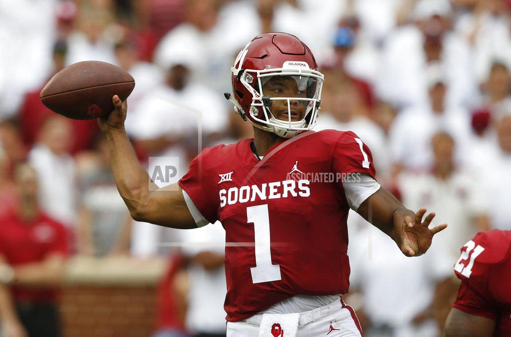 Sue Ogrocki FILE - In this Saturday, Sept. 8, 2018, file photo, Oklahoma quarterback Kyler Murray (1) throws during an NCAA college football game against UCLA, in Norman, Okla. The pressure on Murray just increased now that running back Rodney Anderson is out for the season. (AP Photo/Sue Ogrocki, File)